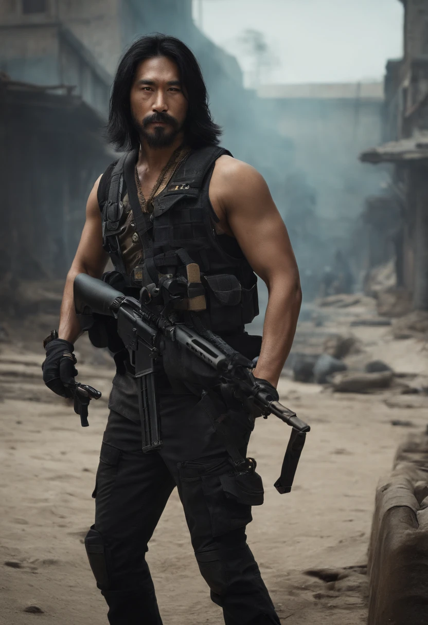 Post Apocalypse, character: Asian man with thin beard and long hair stuck black:1.3, 25 anos de idade, roupa de detetive policial preta, crucifixo no peito, distintivo na cintura, holding a sniper in hand, apocalyptic powders