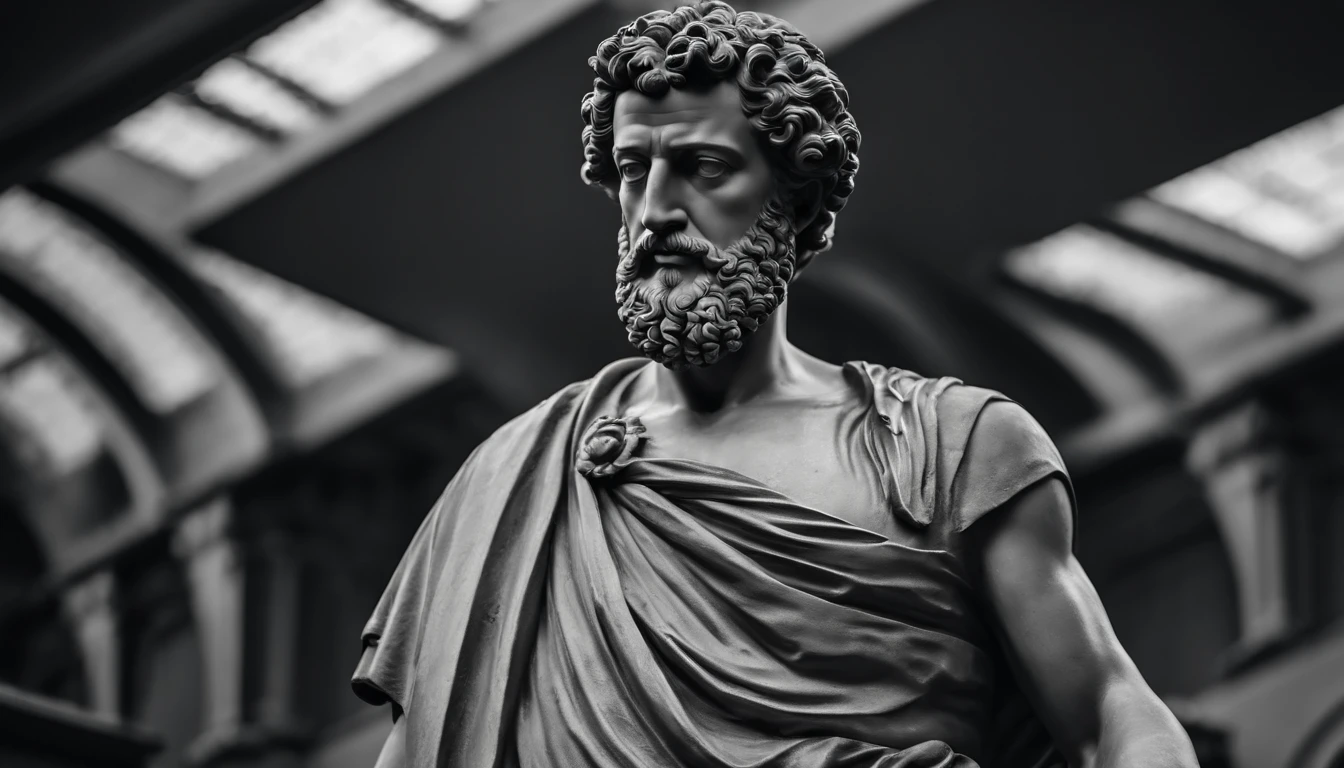 a portrait statue of the stoic Marcus Aurelius in black and white 4K,corpo todo ,corpo inteiro, forte,musculoso,sem camisa papel de parede super realista