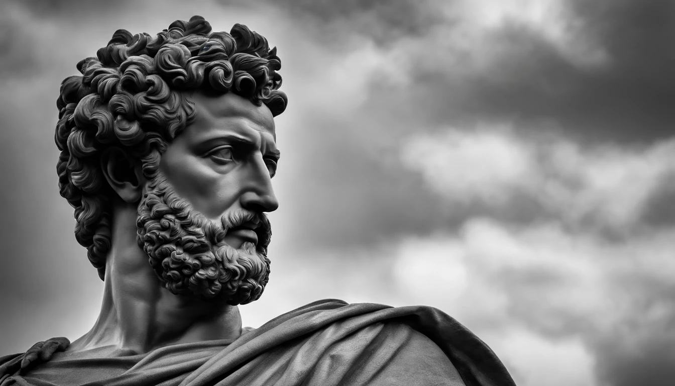 a portrait statue of the stoic Marcus Aurelius in black and white 4K,corpo todo ,corpo inteiro, forte,musculoso,sem camisa papel de parede super realista