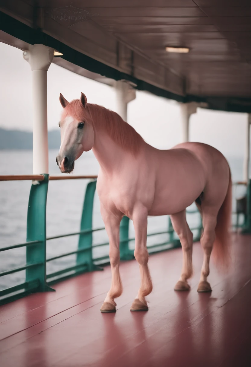 Create an image of a whimsical pink horse standing confidently on the deck of a ferry, with the ferry gracefully sailing across a vast and serene sea. The soft, pastel colors should evoke a sense of enchantment and adventure.