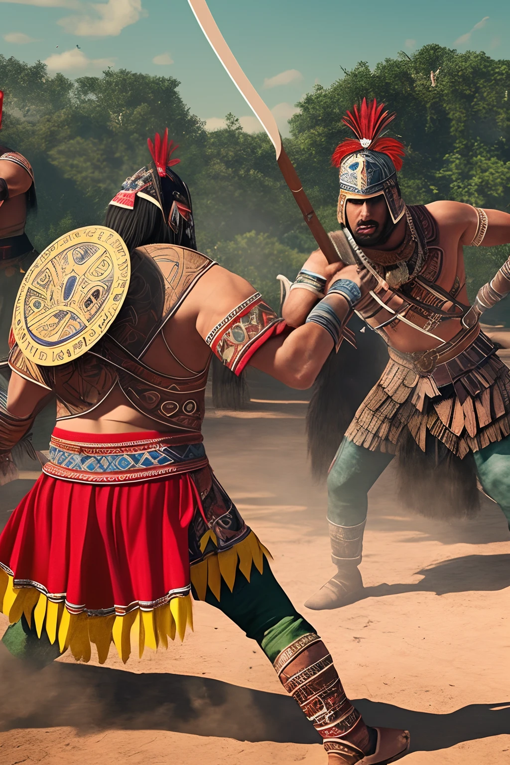 Aztec and Mayan warriors fighting together, realistic, 8k --auto --s2