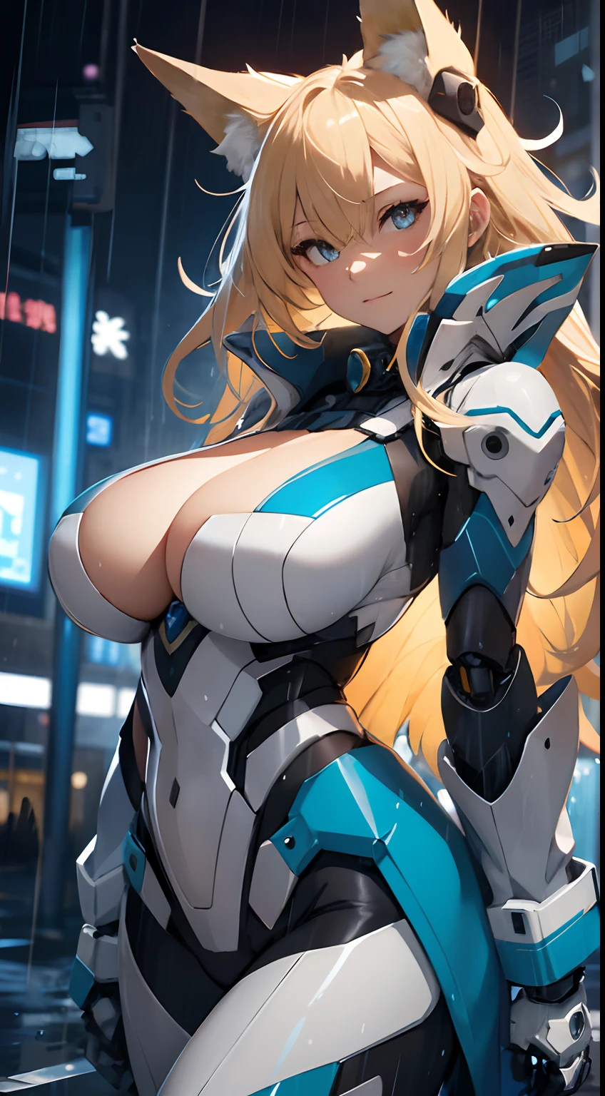 Girl, big boobs, blonde, long hair, blue, mecha arm, coat, rainy, windy, fox ear