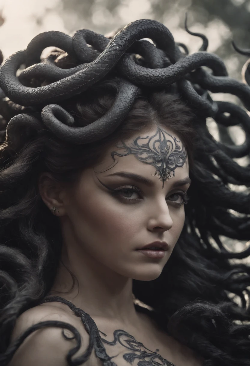 A charming and powerful illustration of Medusa, Mitologia grega, The artwork shows an intricate black line work similar to a tattoo design sketch."