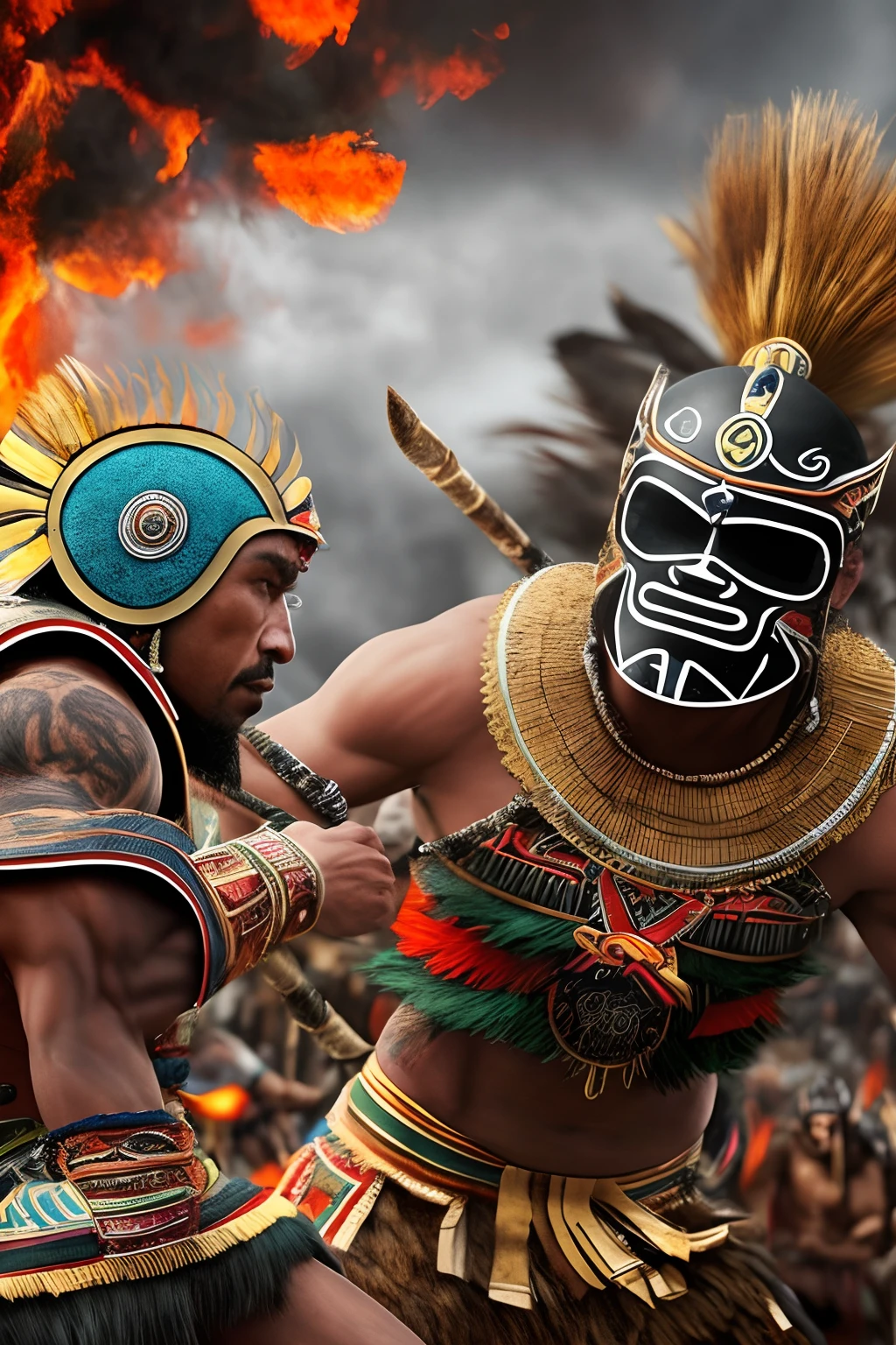 Aztec and Mayan warriors fighting together, realistic, 8k --auto --s2