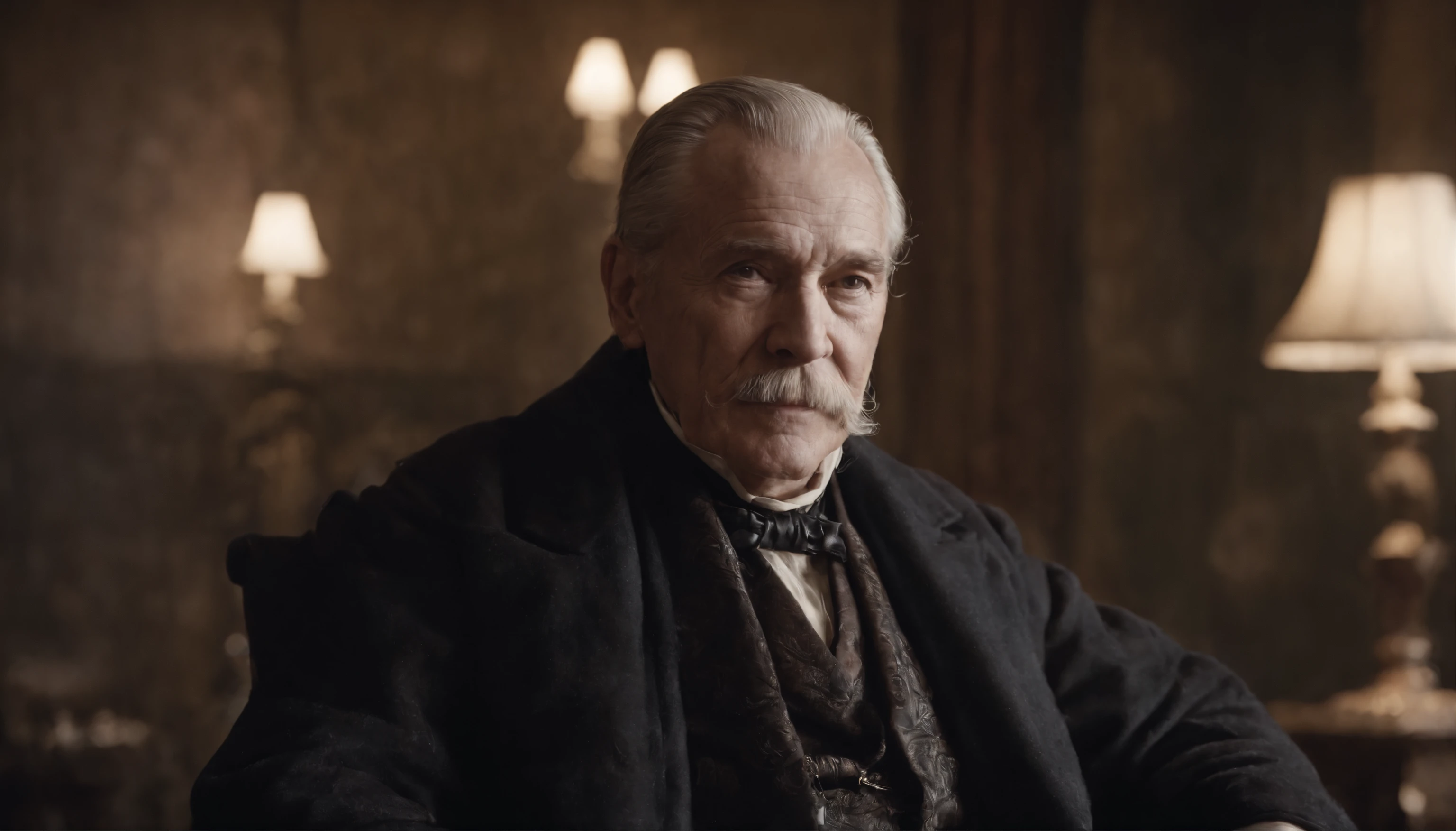 Old gentleman with a goatee,sit on chair,Eyes look at boots,Black riding boots, 8K分辨率,Wallpaper masterpiece,Best quality,digitial painting,Highly meticulous,Ultra high quality
