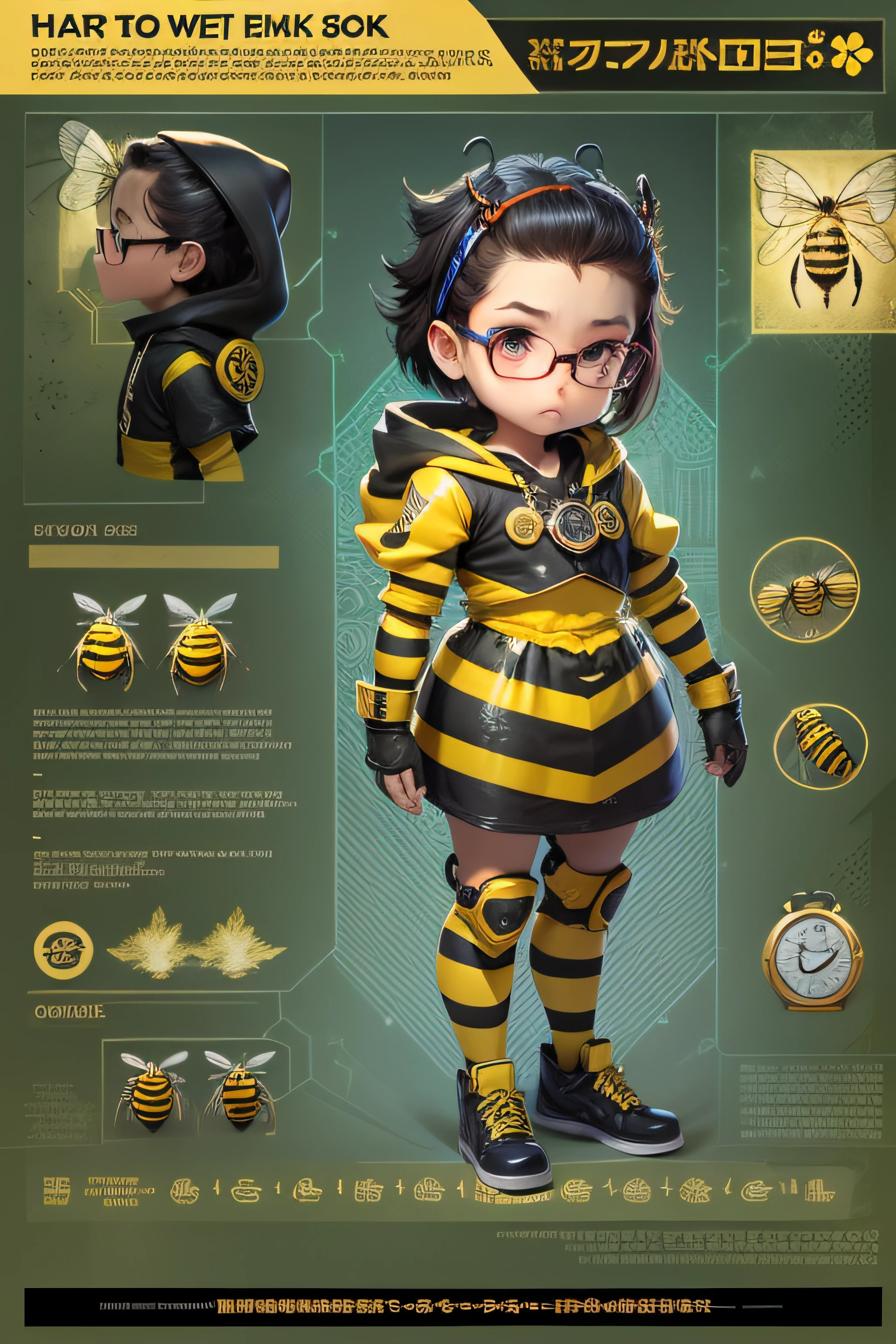 Base Model:
Start with a chibi character model, accentuating a large head, smaller body, and wide curious eyes.
Hair:
Design a buzz-cut hairstyle with tiny bee-wing patterns in the hair, colored black and yellow.
Armor:
Construct a chest plate resembling a bee's body, striped black and yellow.
Integrate wing-shaped shoulder pads, slightly translucent.
Clothes:
Dress Bee in a black and yellow striped hoodie, the hood resembling bee antennae.
Layer with a belt featuring a locket pendant slot.
Shoes:
Craft shoes that resemble bee feet, black with tiny yellow stripes at the edges.
Glasses:
Equip with aviator glasses that have a golden tint, hinting at the power of time.
Locket (Accessory):
Design a round locket resembling a clock face. The back should have engraved symbols of forward and backward arrows.