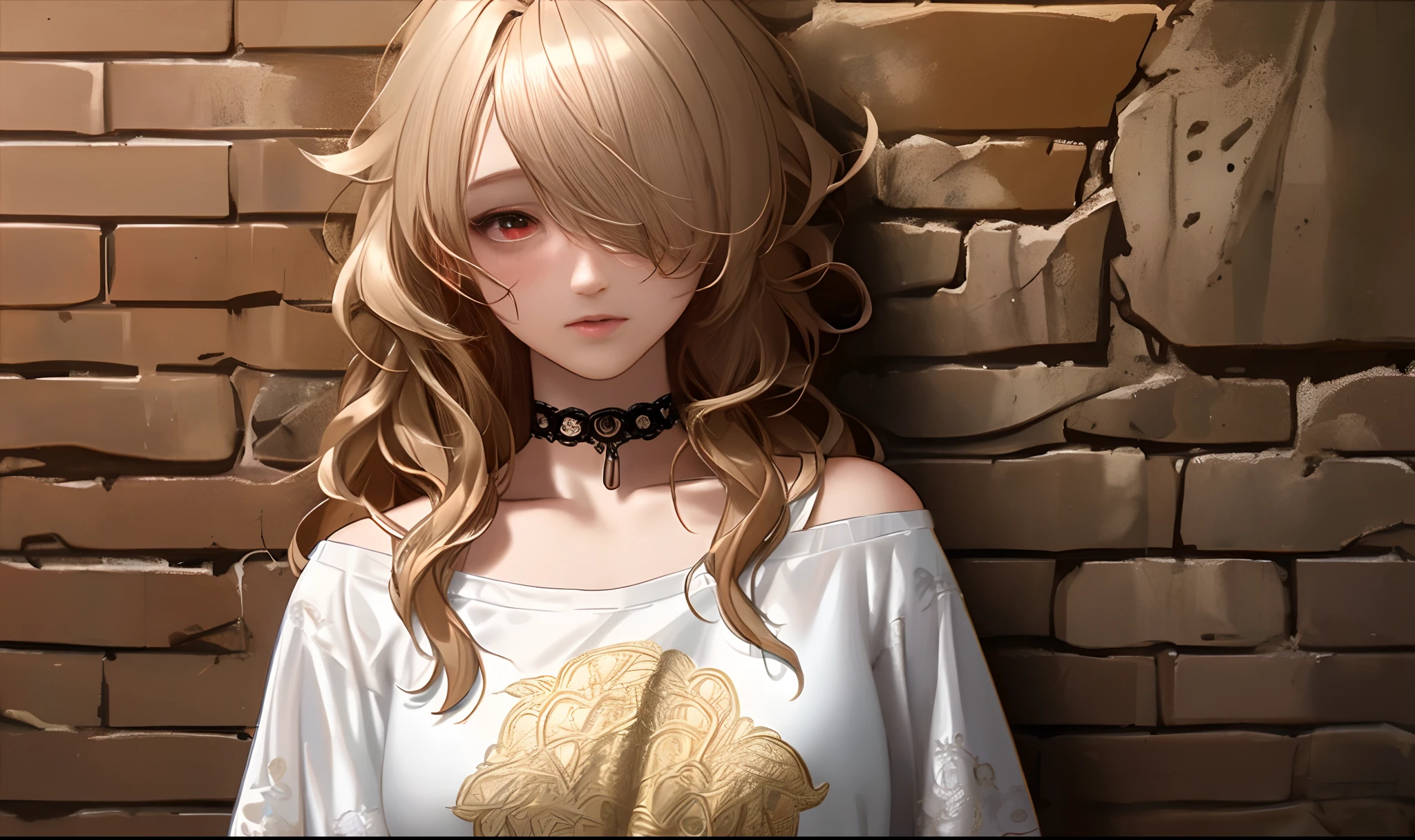 ultra realistic 8k cg, masterpiece, ((ultra detailed background, delicate pattern, intricate detail)), best quality, intricate details, chromatic aberration, 1girl, long hair, golden hair, messy hair, red highlights, hair over one eye, sharp eyes, choker, brick wall, graffiti, dim lighting, alley, oversized shirt,off shoulder, see through white shirt, Masterpiece, best quality