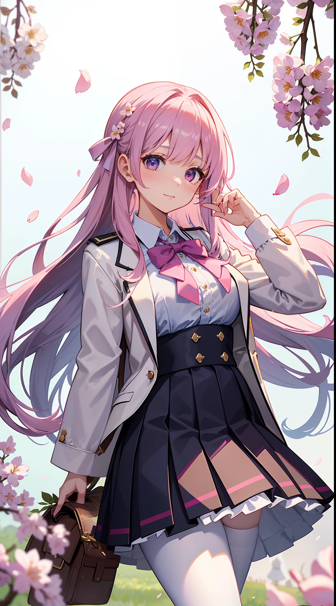 A girl in school uniform stands in front of a tree，Pink flowers bloom on the branches，1个Giant Breast Girl，By bangs，Bare tree，blazer jacket，Bow knot，neck bowtie，tree branch，SakuraNS，collar shirt，daysies，Falling petals，florest background，florals，graduate，flower  sea，jaket，long whitr hair，longer sleeves，looking at viewert，exteriors，lacepantyhose，petals，pink flowers that，tartan，pleatedskirt，clubs，校服，The shirt，a skirt，ssmile，独奏，springtime \ (seasons \)，The tree，Wisteria - Anime ，huge boob