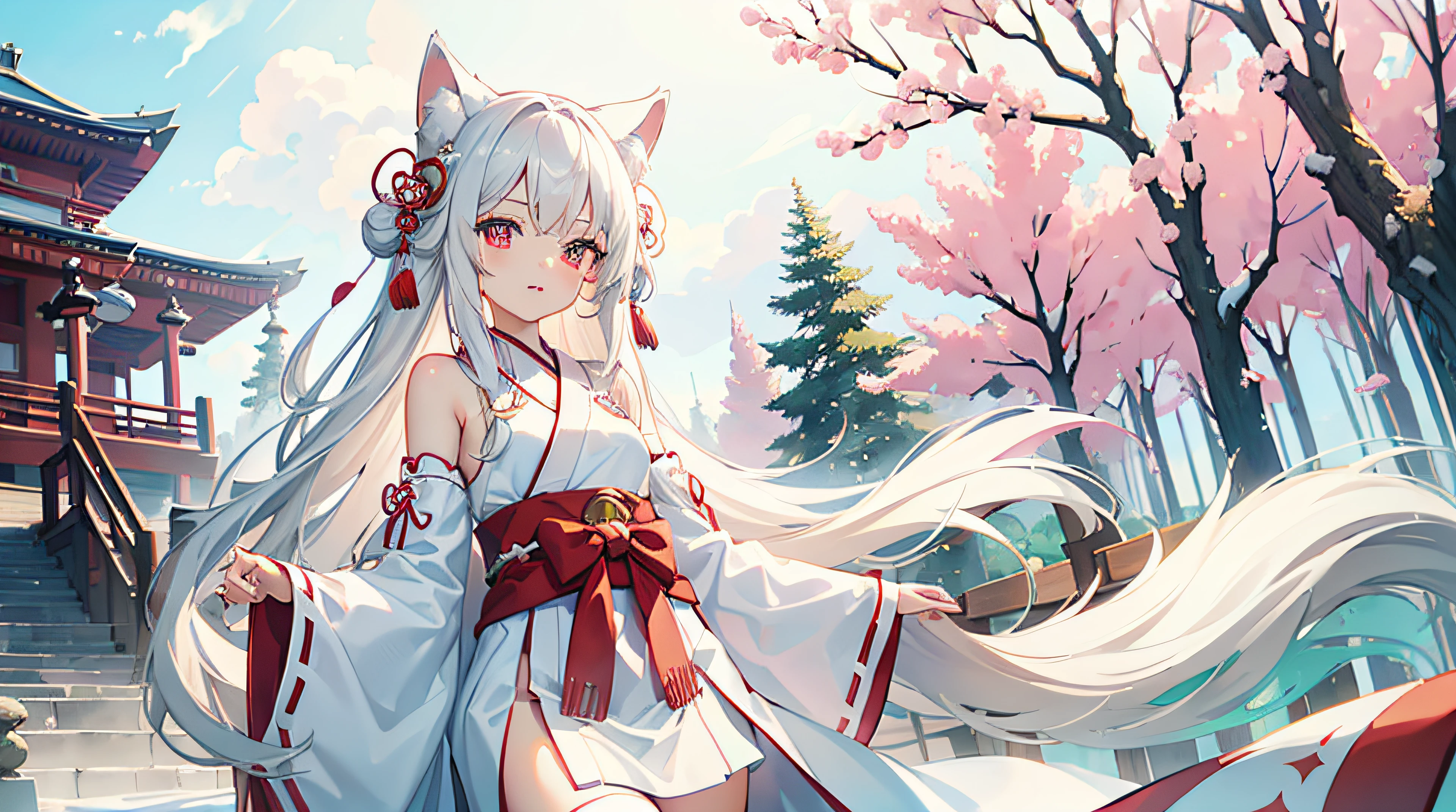1foxgirl, loli, small breasts, long white hair, blue right eye and pink left eye, wearing white and red miko dress, fluffy white tail, japanese shrine, high res, ultrasharp, anime art wallpaper 4k, masterpiece, looking at viewer