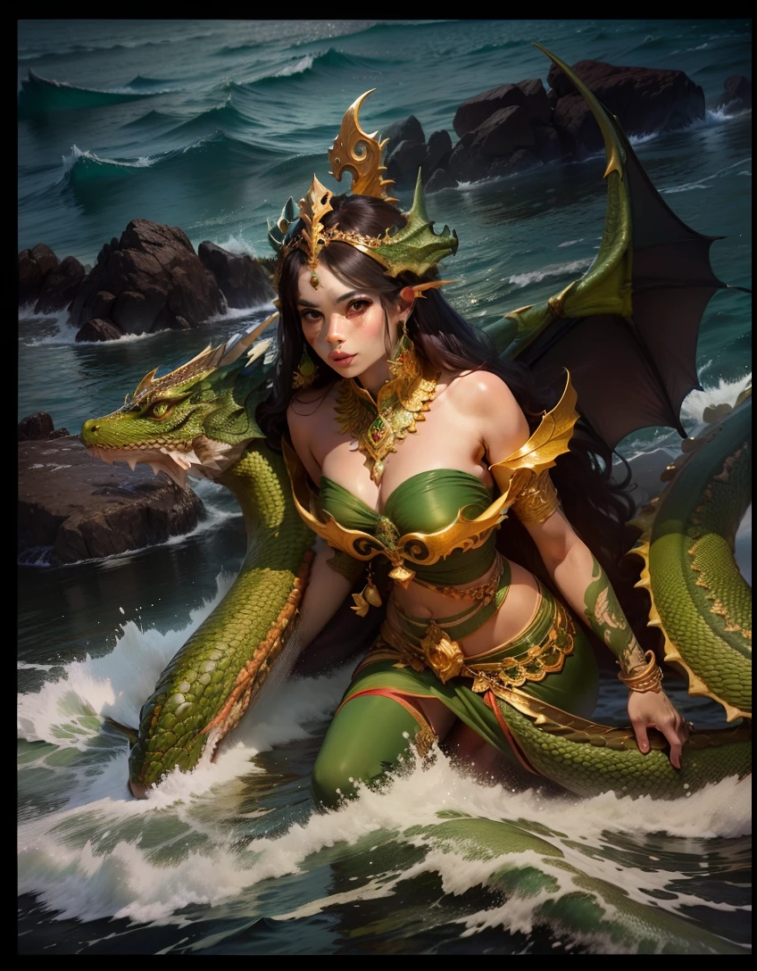 beautyful sexy goodess holding trisula, wearing green emerald javaness traditional cloth, in the middle of the ocean with green naga dragon, super detail, beautyful detail face, photo 8K best quality, hyper realistic, ultra detail