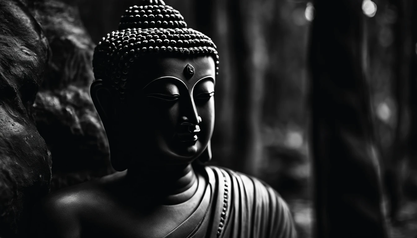 a portrait statue of buddha in black and white 4K,corpo todo ,corpo inteiro, forte,musculoso,sem camisa papel de parede super realista