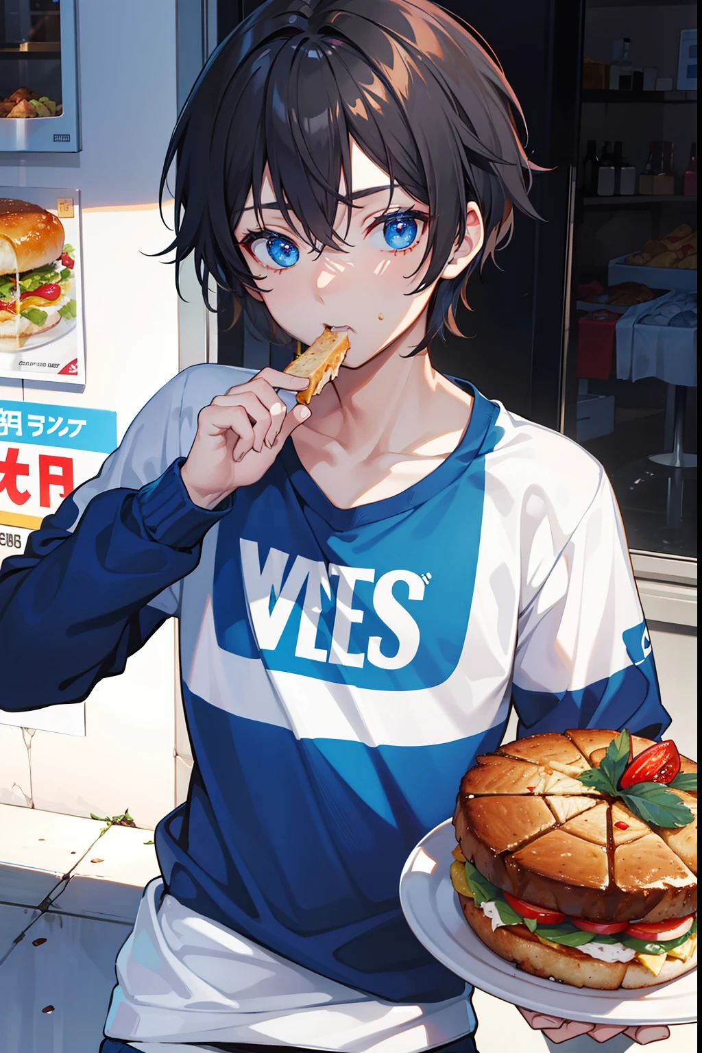 male people　twinks　A dark-haired　blue eyess　Eat food