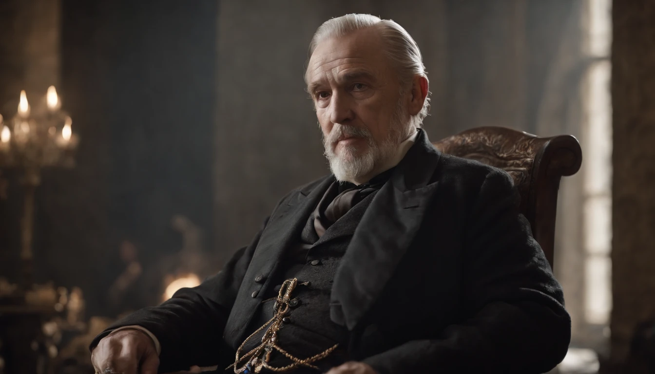 Old gentleman with a goatee，sit on chair，Eyes look at boots，Black riding boots, 8K分辨率,Wallpaper masterpiece，Best quality，digitial painting，Highly meticulous，Ultra high quality