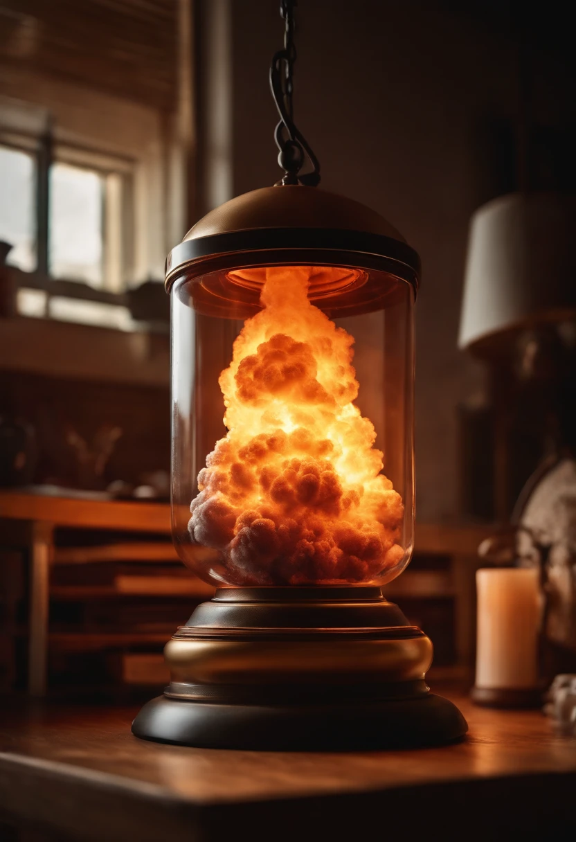 Full photograph of a nuclear explosion inside a lamp, hiper-realista, 8k,