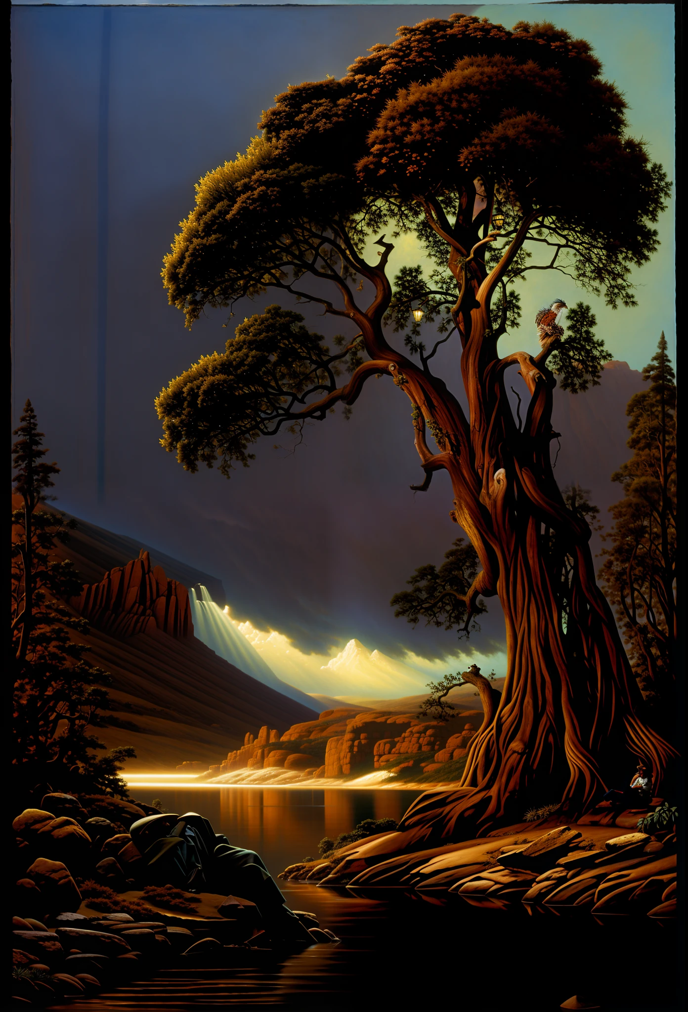 Painting of a man sitting on a rock next to a tree, inspired by the Brothers Hildebrandt, inspired by the Brothers Hildebrandt, inspirado em Christophe Vacher, paisagem majestosa, Directed by: David B. Fosco, scenery artwork, Hildebrandt, scenic landscape, inspirado em Vladimir Kush, Dan Mumford e Albert Bierstadt, by the Brothers Hildebrandt, pintura bonita de um alto, altamente realista