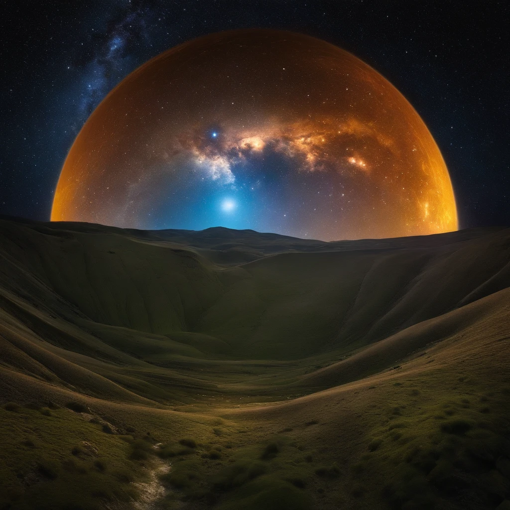 Earth in the universe,in a panoramic view,(plethora of colors,Best quality,high detal,tmasterpiece,cinmatic lighting,4K,Chiaroscuro)