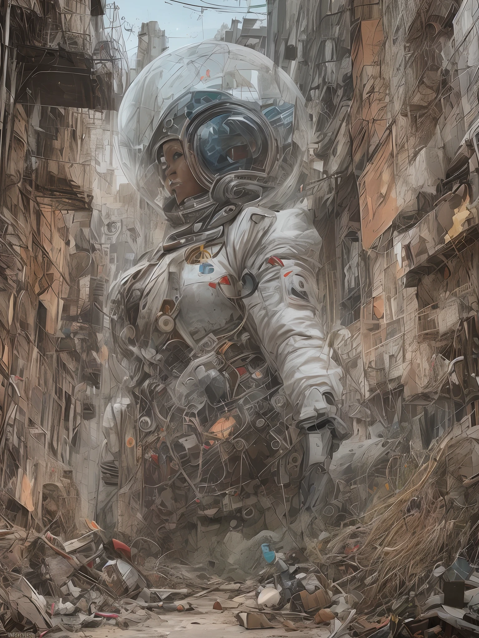 , African Amazonian Curvaceous big chested woman Astronaut wearing a white monobikini , big ass bubble but, in soho alley full of junk, Geotech2099junkcore, astronautpunk, wearing a aviator jacket that is full of collectors memorabilia, influenced by Greg Rutkowski painting style, with 3D render painting style of space exploration illustration ,photography by Mario testino, f/11, 80mm --auto --s2