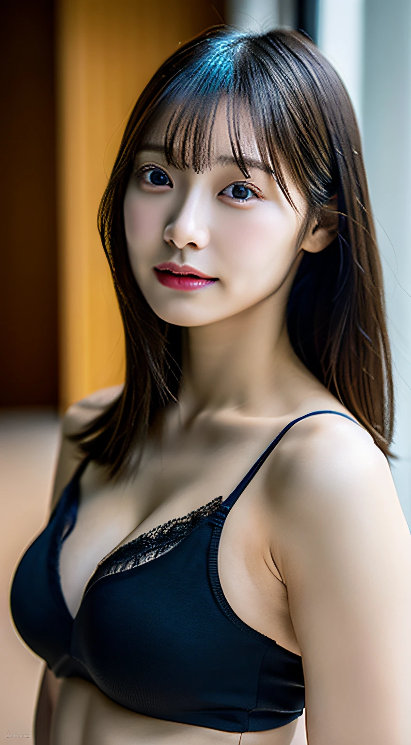 Solo Focus, 1girl in,20 years old, (lightsmile:0.8), [:(extra detailed face):0.1], Detailed eyes, (Full body:1.3)// (Volleyball, Indoor Volleyball Court),// (Black underwear, With lace, A sexy), // a blond, long, flat bangs,// Ray tracing, high quality shadow, (absurderes, masutepiece, Realistic, Photorealistic:1.2), Perfect Anatomy, Physically-based rendering, modernist, Huge breasts, Crisp cleavage