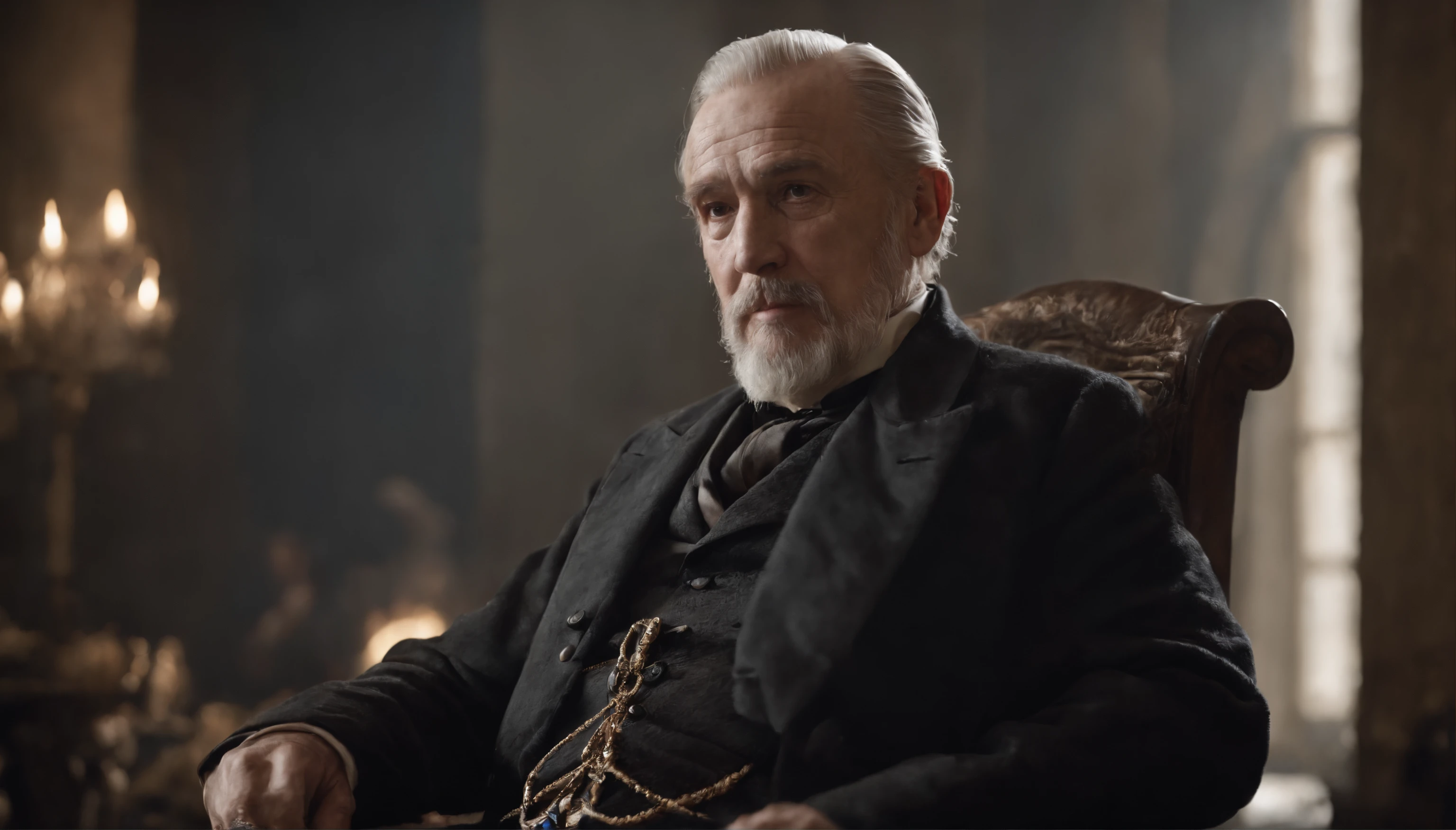 Old gentleman with a goatee,sit on chair,Eyes look at boots,Black riding boots, 8K分辨率,Wallpaper masterpiece,Best quality,digitial painting,Highly meticulous,Ultra high quality