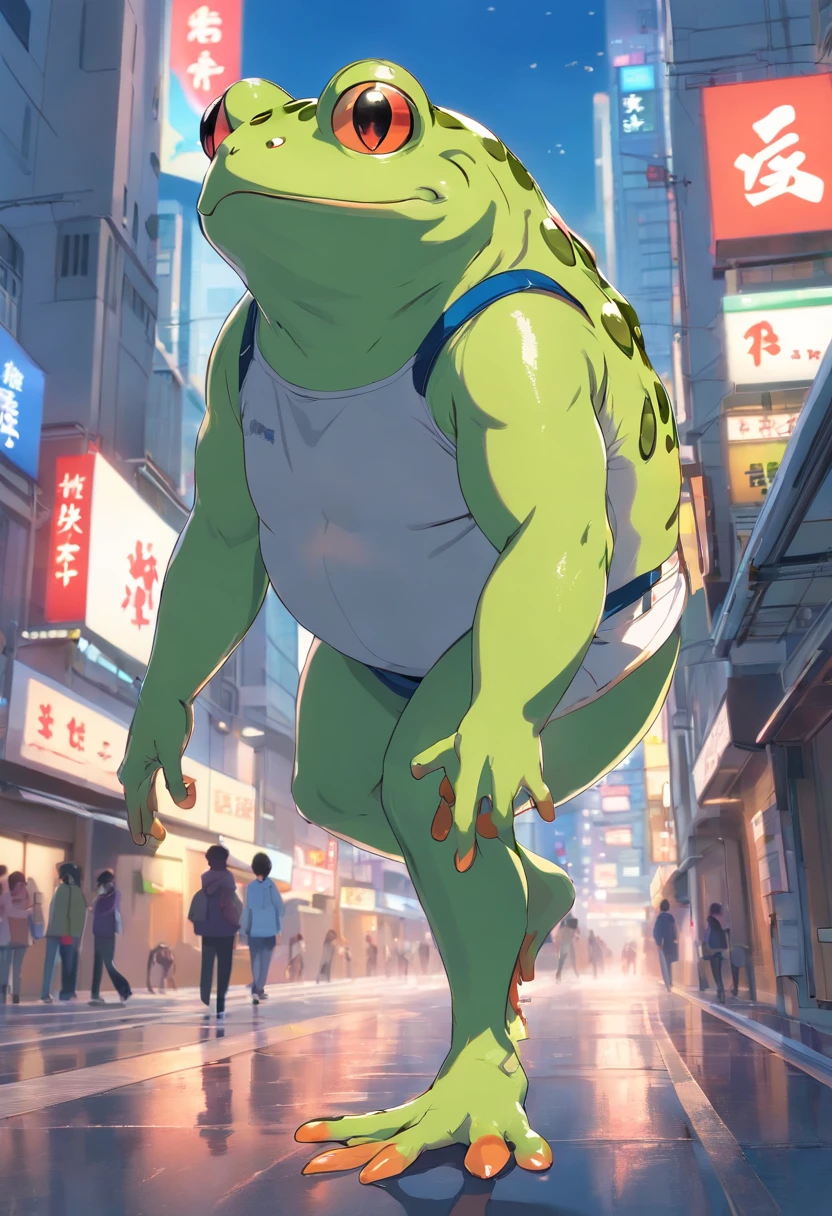((Raw foto)), ((masterpiece)), Anthropomorphic humanoid frog in modern clothes, hoods, Pants, a person々Furiously walking between, intricate detailes, Complex Griebles works, The city behind, muscular body, Muscular arms, small head, Giant Demon, titan, espadrilles, softlighting, 32K, A hyper-realistic, The background details are exquisite,The scene is surreal,Create attractive graphic styles