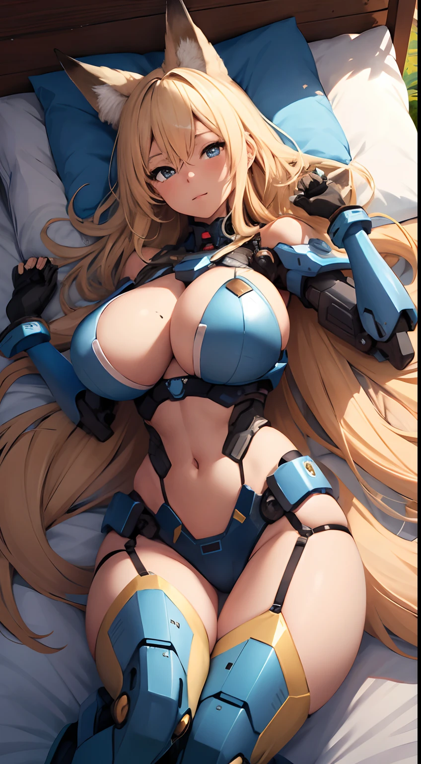 Girl, big boobs, blonde, long hair, blue, mecha arm, fox ear, lying, bed, outdoor, kinder garden