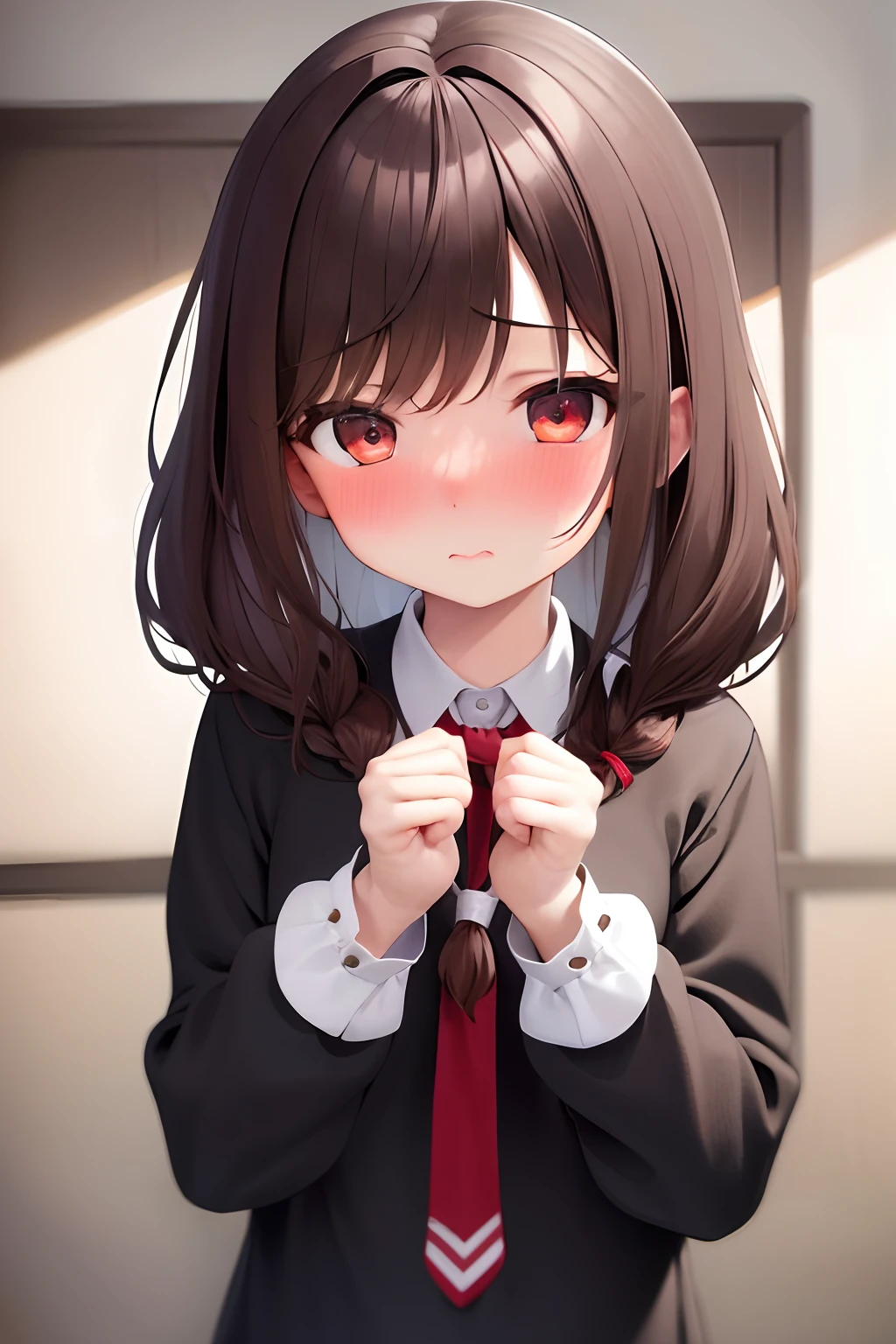 ​masterpiece, top-quality, hight resolution, 1girl, student clothes, full of shyness, red blush, Cabedon, pov、Overlapping hands,suprised、cute little、Brown hair、Tied hair