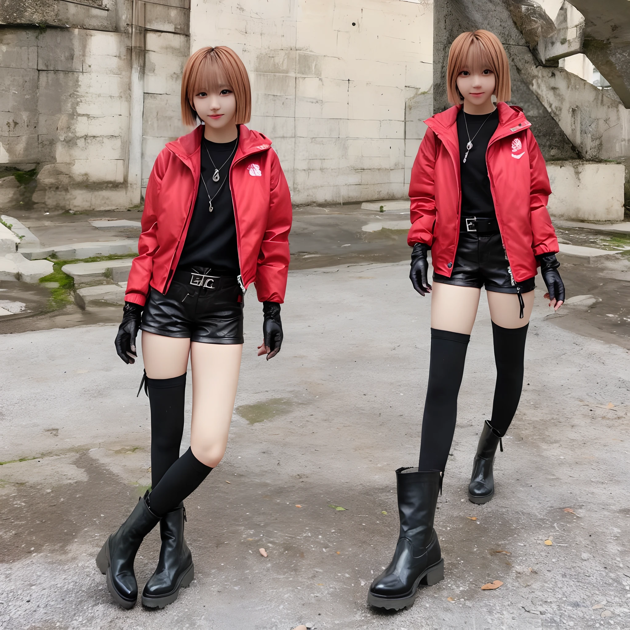 A short anime girl. with short blonde hair. Green eyes. Wears A red mercenary jacket with a gray shirt behind it. A pair of brown shorts and leather boots, gloves