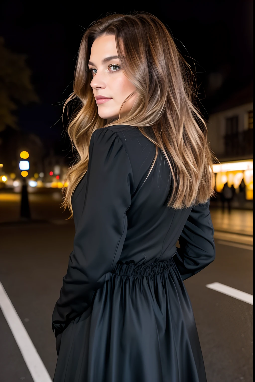 junge frau, kaukasisch, anfang 20, lange braune haare, gewellte haare, schwarzes kleid, schwarze mules schuhe, steht in der innenstadt, Rear view, nachts, neonlichter schwach