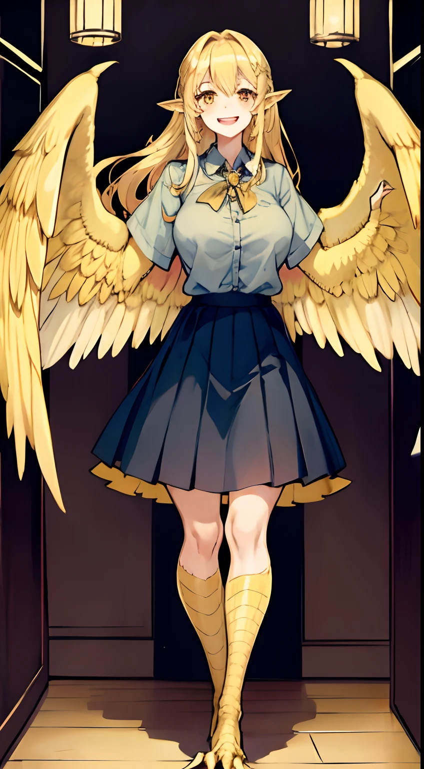 1woman,40s,happy face,shirt, skirt,medium tits,blonde hair,long hair,yellow eyes,harpie,blonde wings,long hair,claws,room