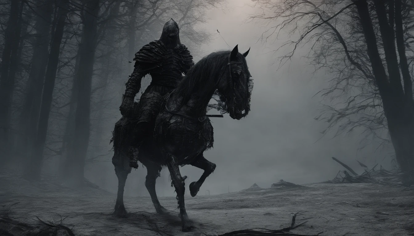 Undead Terror Knight,Riding a zombie horse with black and red eyes,The horse wears a red vest,The background is pitch black wilderness,Several dried corpses hung from a dead tree,Pitch black and hazy picture,horror atmosphere,Extremely weird,4k,best qualtiy,primitive,((Ultra-detailed and high-precision details))