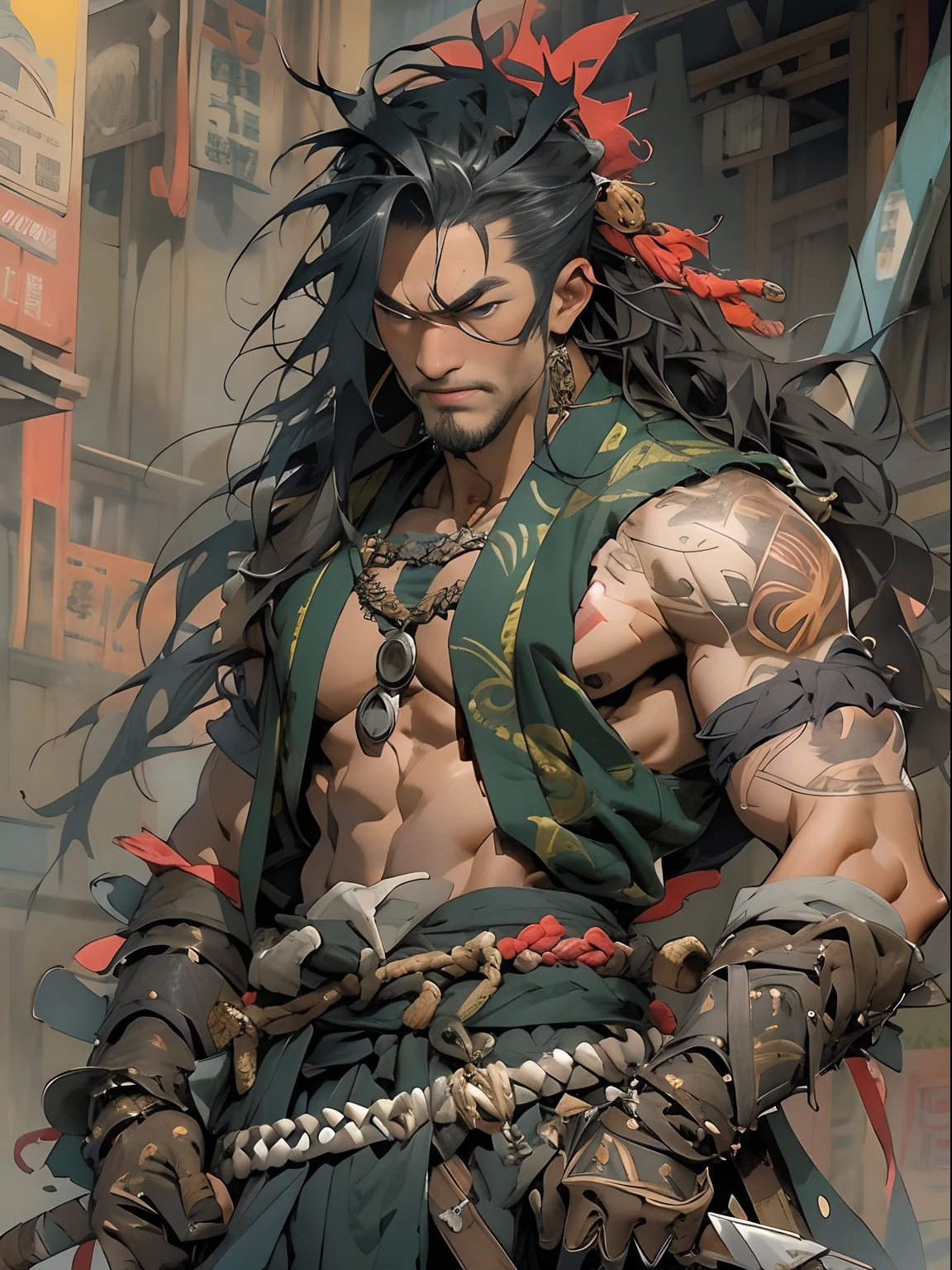(((mtu))), (((best qualityer))), (((tmasterpiece))), (((AS-Adult))), ((( Japanese ))), Look up from your knees, Handsome Asian samurai,perfect body figure, Modern samurai, ((( Asian))), Wear gloves on your hands,The left arm is made of steel and metal tips,Made of protective devices, The eyes are pulled, (( Appears below the chest )), (( Small dental floss )), Simon Bisley, Almost naked(Simon Bisley)Castle City Wilderness,For high-resolution posters, hair straight, Minimum clothing, armure (Crazy clothes ), Full of tips and rivets, tribal tattoos, (((full bodyesbian))), Straight brunette hair,Colored hair ends