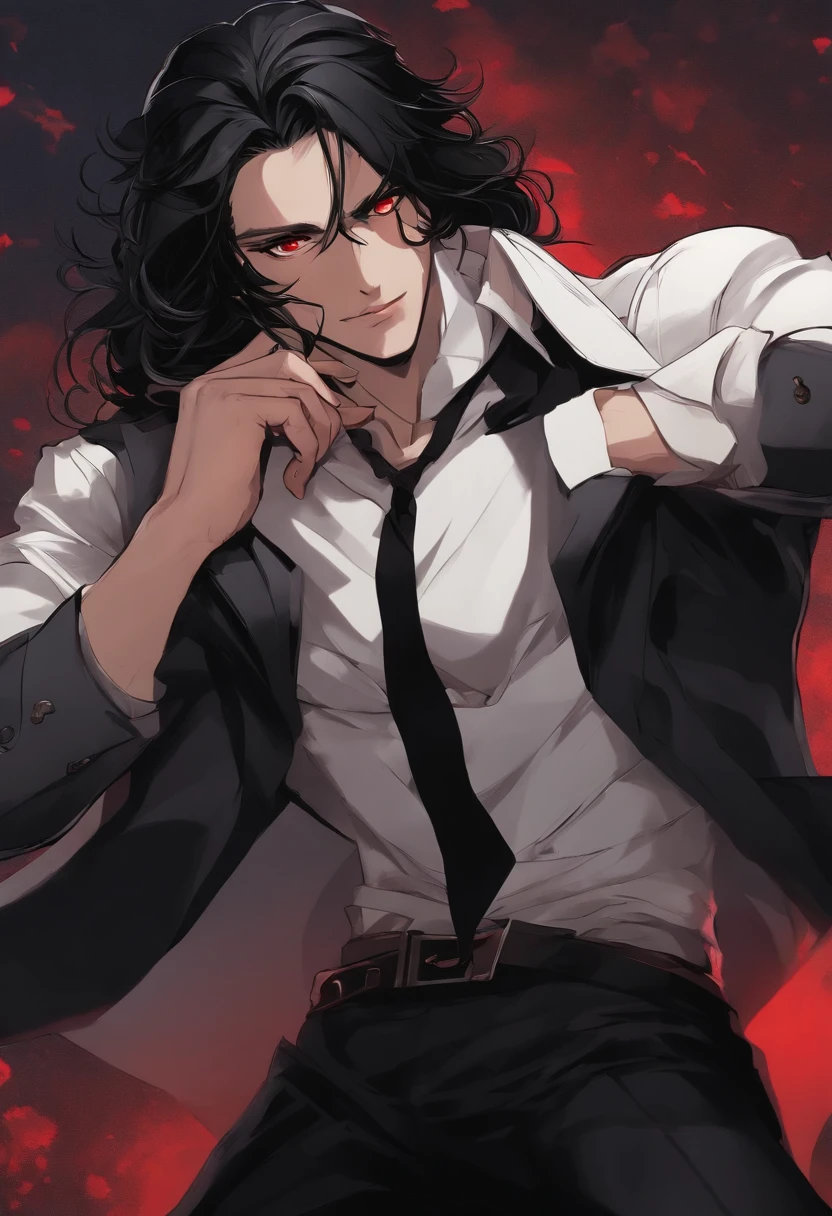A two-meter muscular 20-year-old guy with pale skin, long black hair and red eyes, dressed in black pants, tight T-shirt in matte black, a white overcoat and similar to Dio Brando. in anime style.