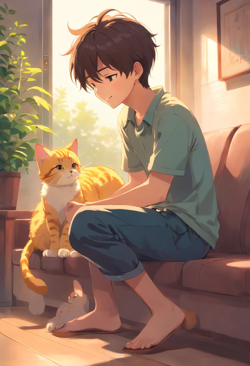 Man holding cute kitten、twinks、serene expressions、