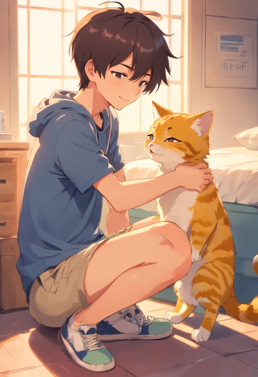 A cute boy felt a little embarrassed,Handsome and cute boy,Blushed,He lowered his head embarrassedly,Smiled awkwardly,The yellow kitten gently rubbed Zhou Xixi's leg,As if to comfort him