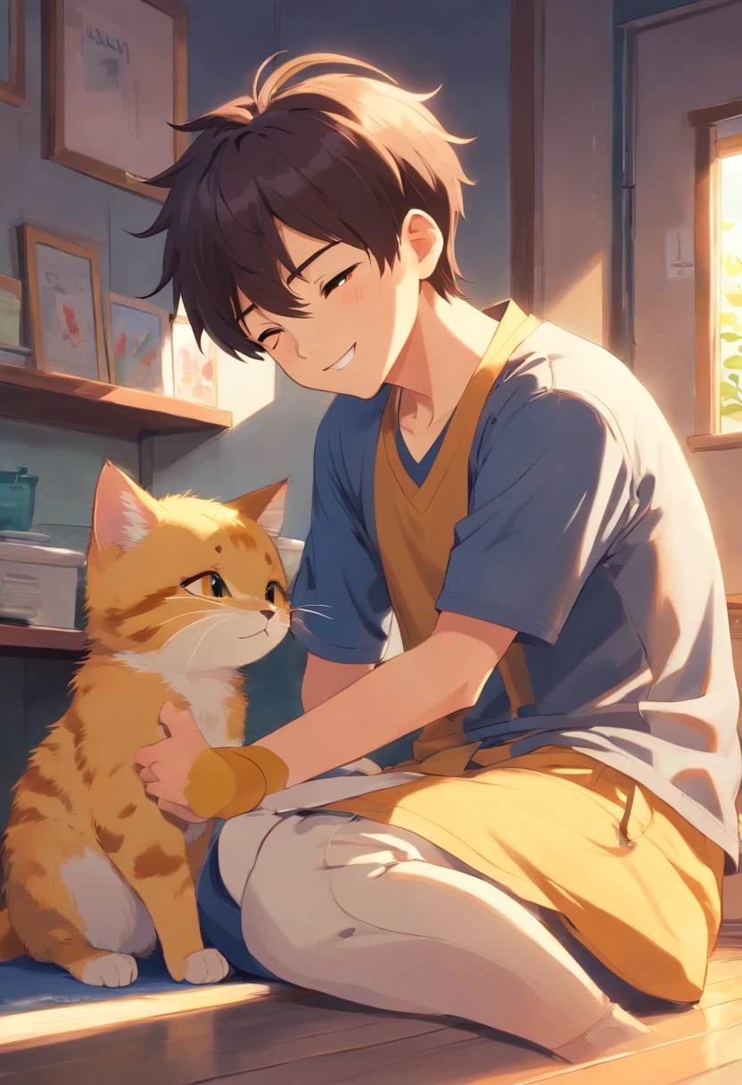 A cute boy felt a little embarrassed,Handsome and cute boy,Blushed,He lowered his head embarrassedly,Smiled awkwardly,The yellow kitten gently rubbed Zhou Xixi's leg,As if to comfort him