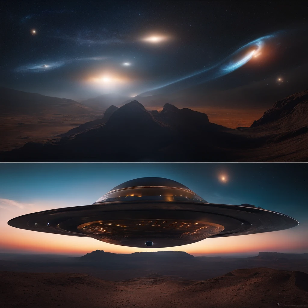 There are many spaceships flying out of black holes in the universe,in a panoramic view,(plethora of colors,Best quality,high detal,tmasterpiece,cinmatic lighting,4K,Chiaroscuro)