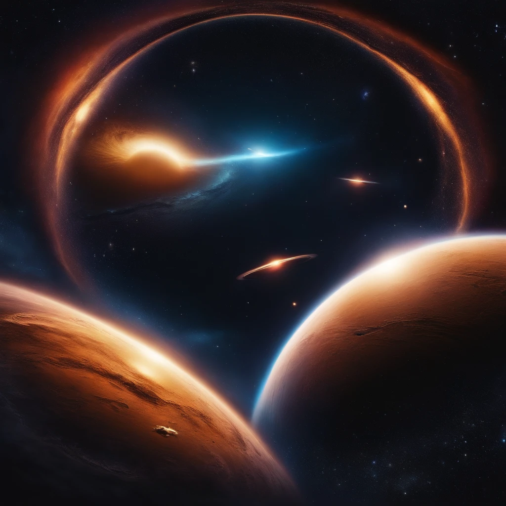 There are many spaceships flying out of black holes in the universe,in a panoramic view,(plethora of colors,Best quality,high detal,tmasterpiece,cinmatic lighting,4K,Chiaroscuro)