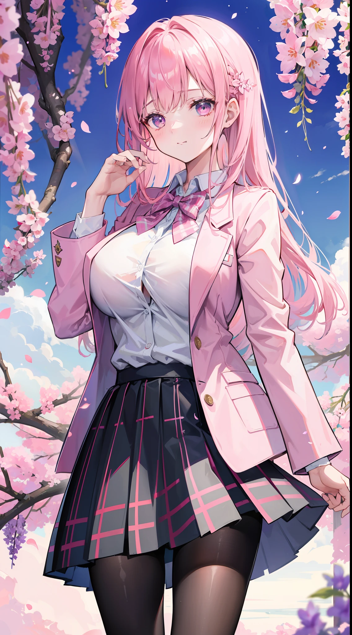 A girl in school uniform stands in front of a tree，Pink flowers bloom on the branches，1个Giant Breast Girl，By bangs，Bare tree，blazer jacket，Bow knot，neck bowtie，tree branch，SakuraNS，collar shirt，daysies，Falling petals，florest background，florals，graduate，flower  sea，jaket，long whitr hair，longer sleeves，looking at viewert，exteriors，lacepantyhose，petals，pink flowers that，tartan，pleatedskirt，clubs，校服，The shirt，a skirt，ssmile，独奏，springtime \ (seasons \)，The tree，Wisteria - anime ，huge boob