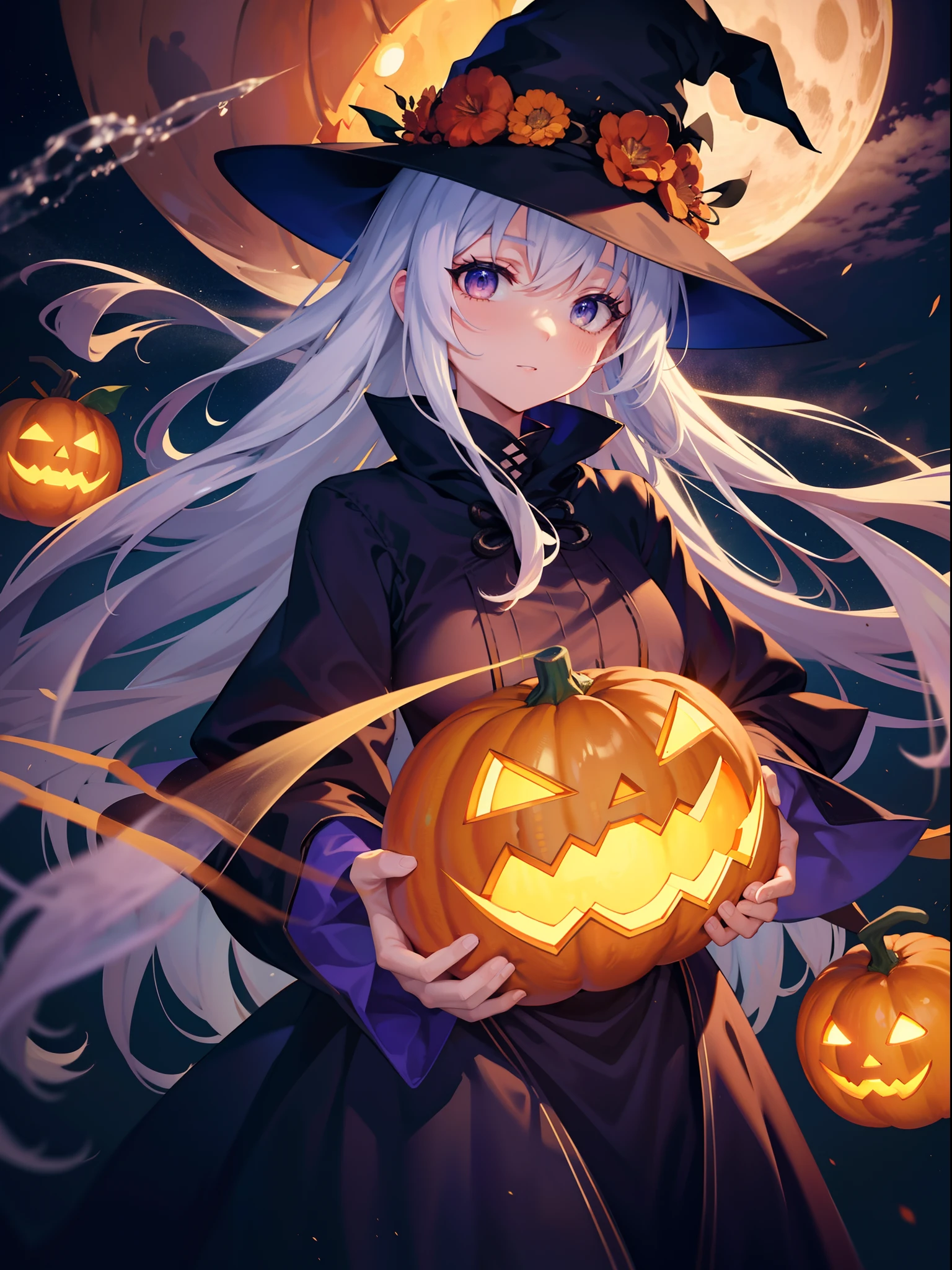 (Sky blue braided medium length hair), (Pink Eyes),Fair skin) ,(whole body),(One Girl),(Crescent Moon),(There are many pumpkin ghosts in the background),(Trick or Treat),Halloween Party),(masterpiece, Highest quality, Very detailed, Best Shadow), (Detailed Background), (Beautifully detailed face), High Contrast, (Best lighting, Very delicate and beautiful), ((Cinematic Light)), Hyper Detail,8k, Dramatic Light, Intricate details,witch'Clothes,Magic broom,night,Bats fly in the sky,