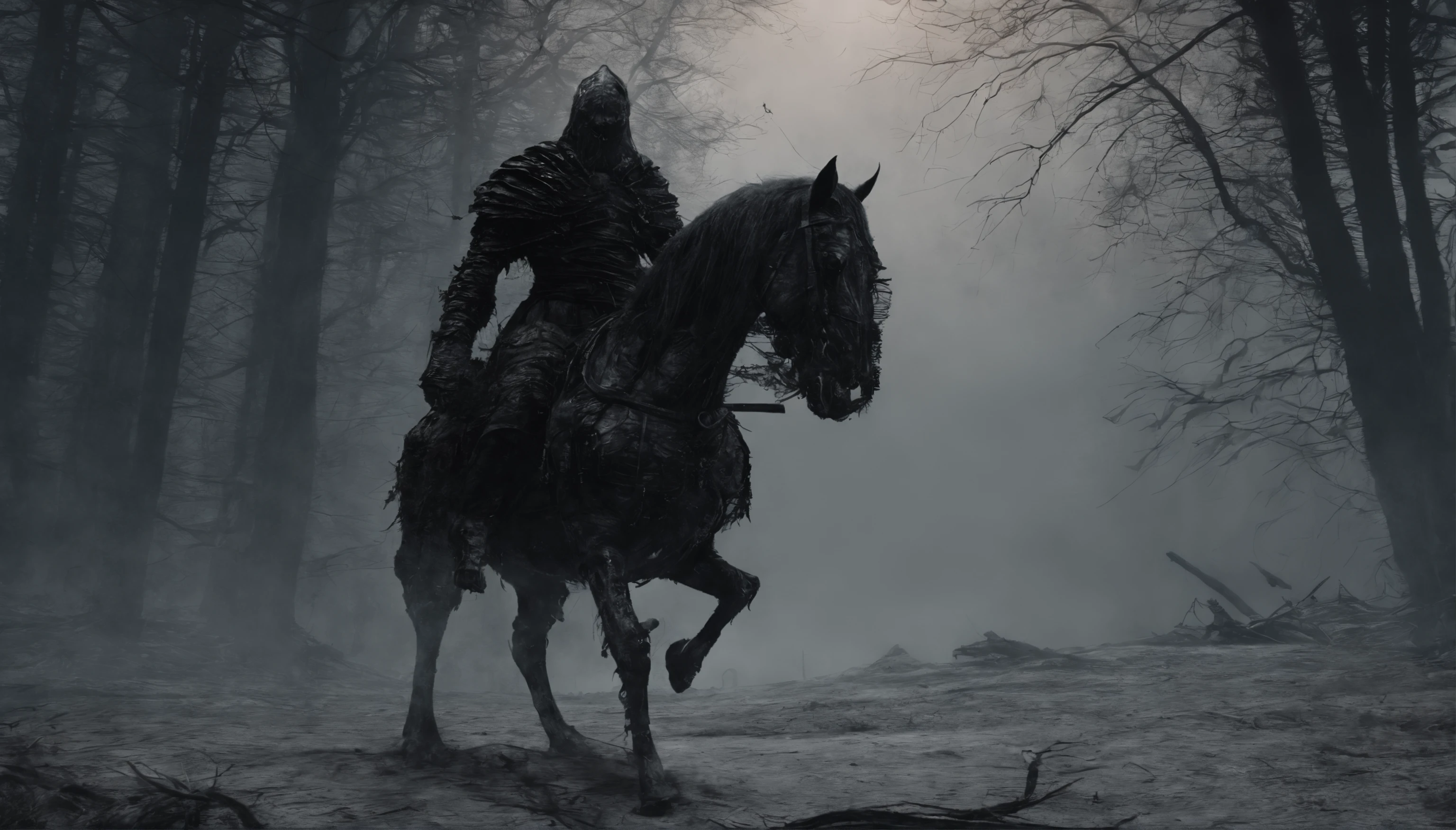 Undead Terror Knight，Riding a zombie horse with black and red eyes，The horse wears a red vest，The background is pitch black wilderness，Several dried corpses hung from a dead tree，Pitch black and hazy picture，horror atmosphere，Extremely weird，4k，best qualtiy，primitive，（(Ultra-detailed and high-precision details))