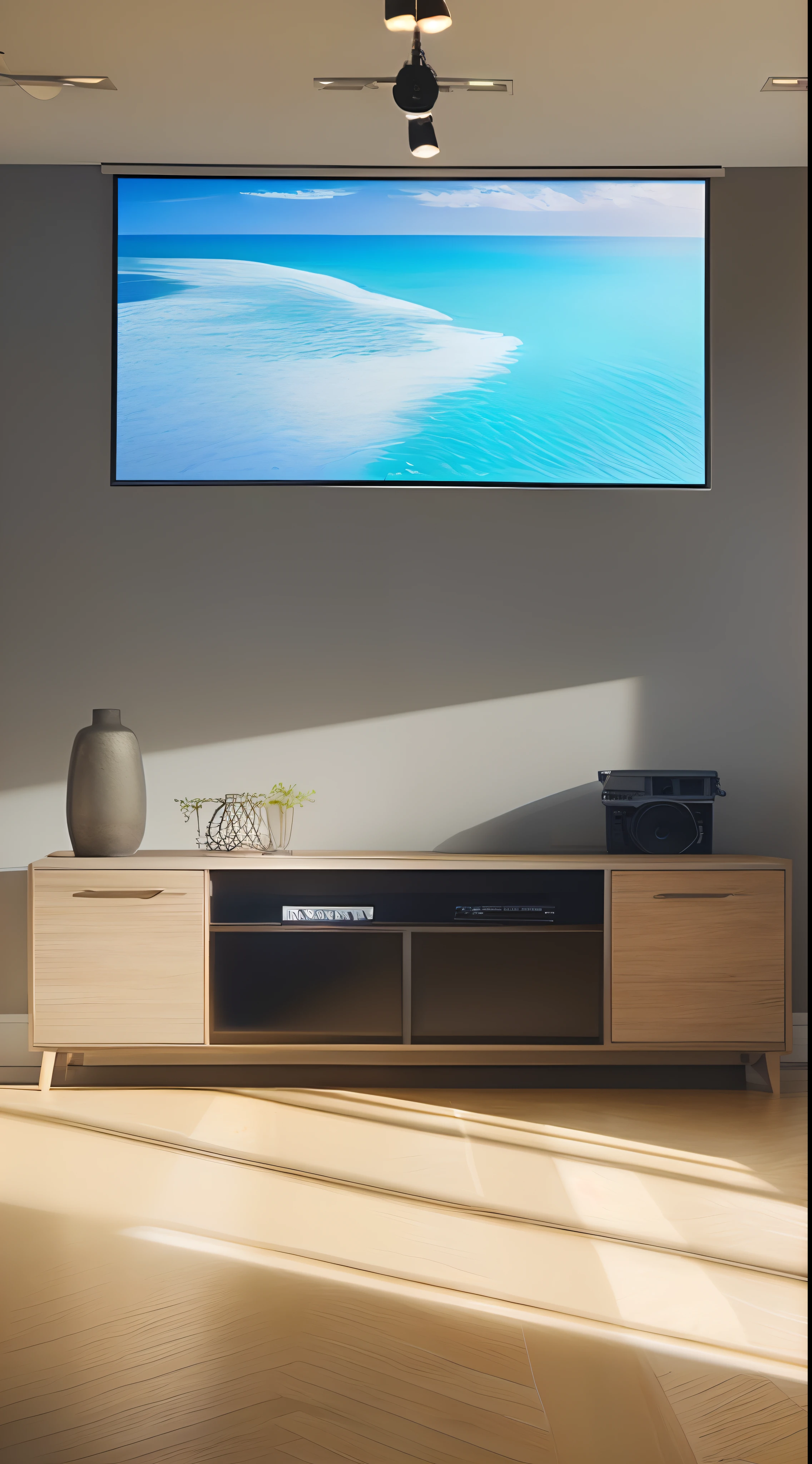There is a TV on the stand in the room with a large screen, hyperreal highly detailed 8 k, upscaled to 4k, upscaled to 4 k, realistic cinema 4 d render, 4 k product photo, High resolution 8K, height detailed hd realistic 8 k, photorealistic cinematic render, High detail 4K, High detail 4 K