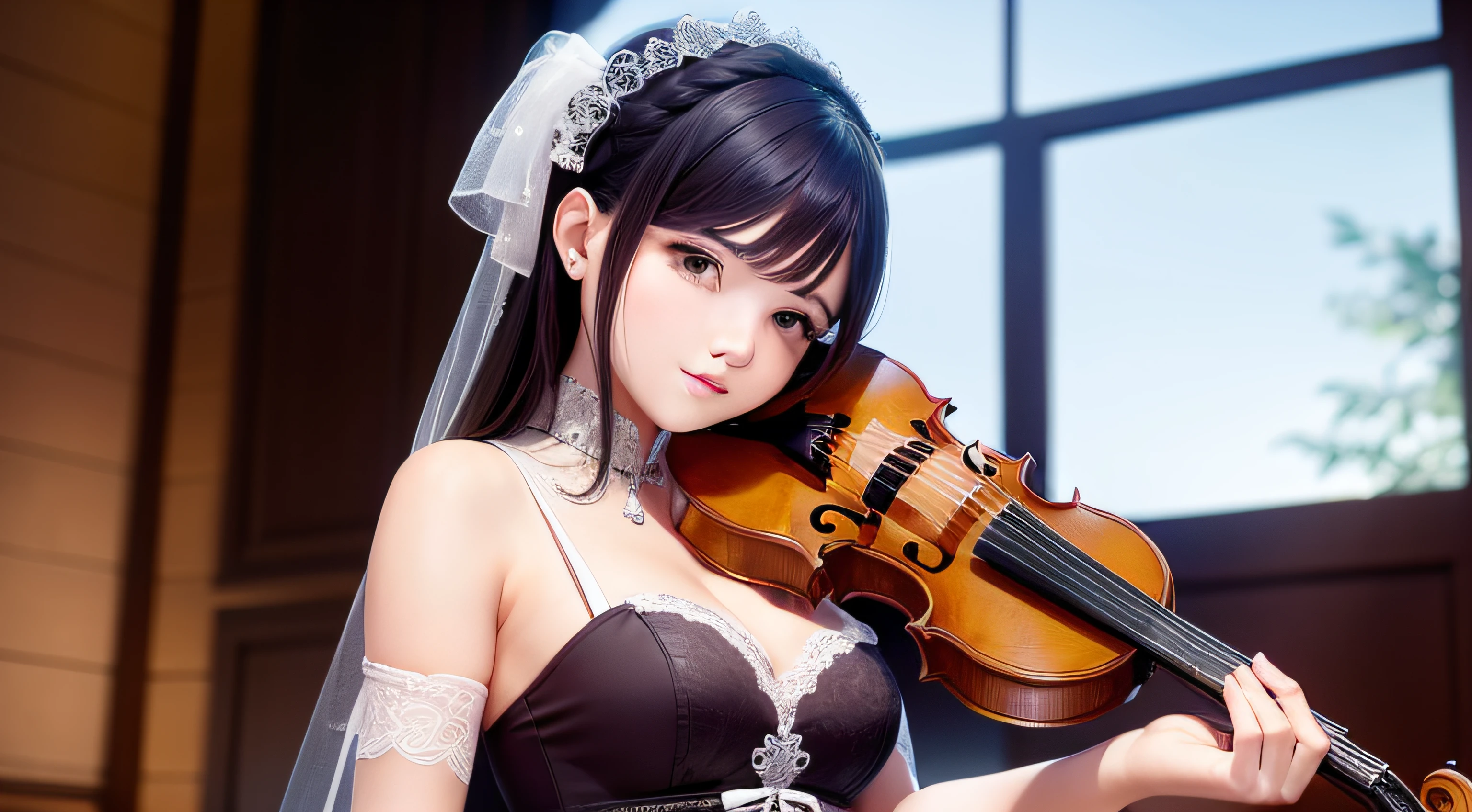 (masterpiece, Highest quality)、live house、Cute girl violinist、Dark Eyes、Black Hair、Japanese women、