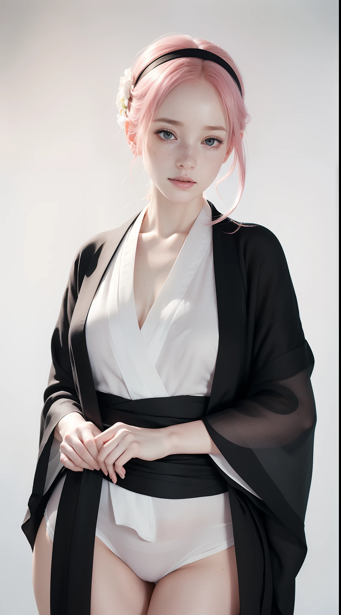 dynamic pose,1girl,pale skin,pink hair,white carnation headband,delicate face,freckles,shy,(black linen kimono:1.3),(wide thigh gap:1.3),(white background),(best quality:1.2,ultra-detailed,realistic:1.37),portrait,soft colors,polished lighting