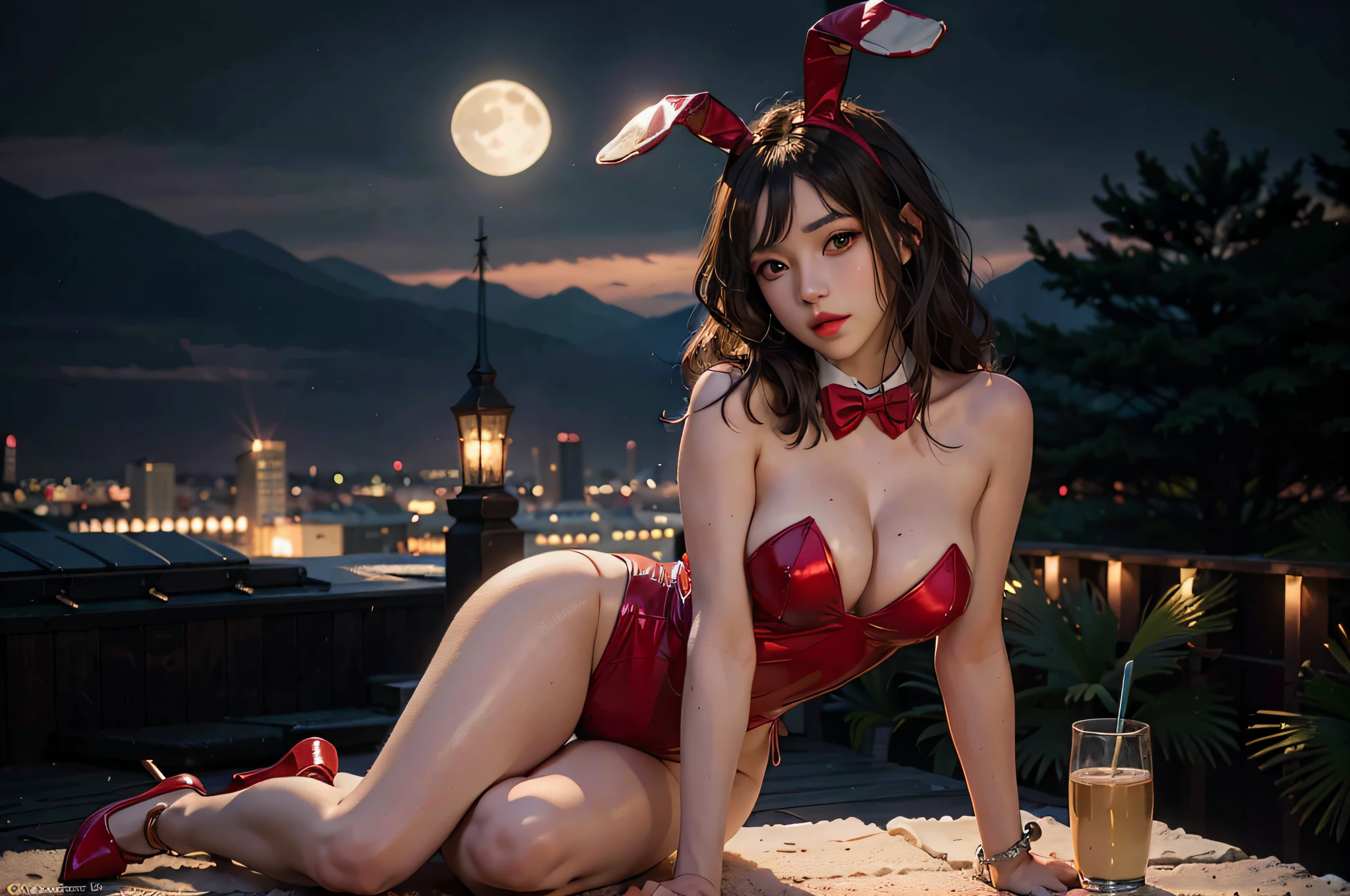 (bunny girl ,watching the moon on the terrace:1.2),wearing bunny outfit, slim, full body, beautiful figure, shiny skin, Ultra-detailed face, Detailed eyes, lustrous lips , (Professional lighting, in the dark, deep shadow, cold light, night) ,(best quality, masterpiece, ultra high res :1.3),(photorealistic:1.4),