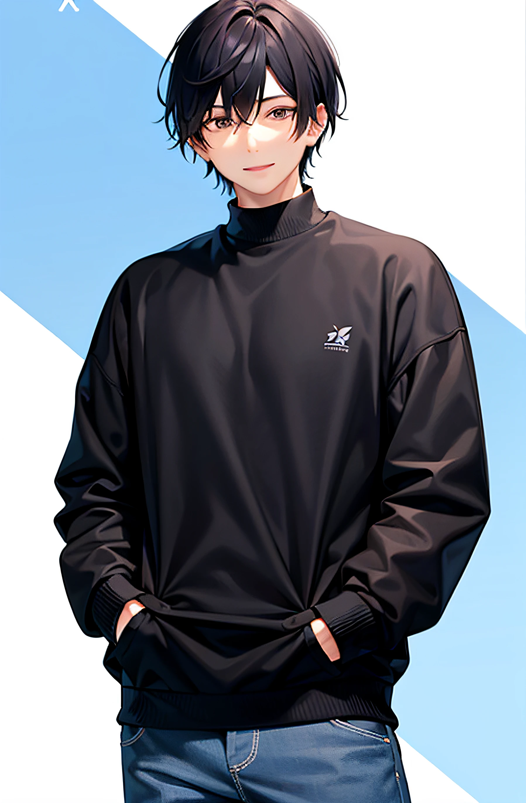 Cut: Focus on the upper half of a Asian male, emphasizing the profile view. Expression: Bright and natural smile. - Skin tone: Fair - Hair color: Black - Hairstyle: Center part - Clothing: Pastel blue long-sleeve sweater