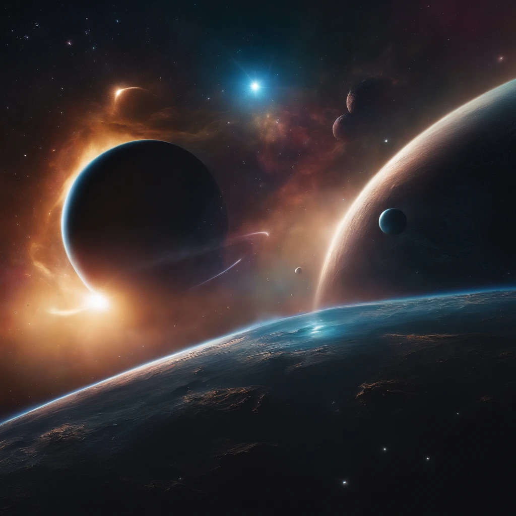 There are many spaceships in the universe flying out of black holes,in a panoramic view,(plethora of colors,Best quality,high detal,tmasterpiece,cinmatic lighting,4K,Chiaroscuro)
