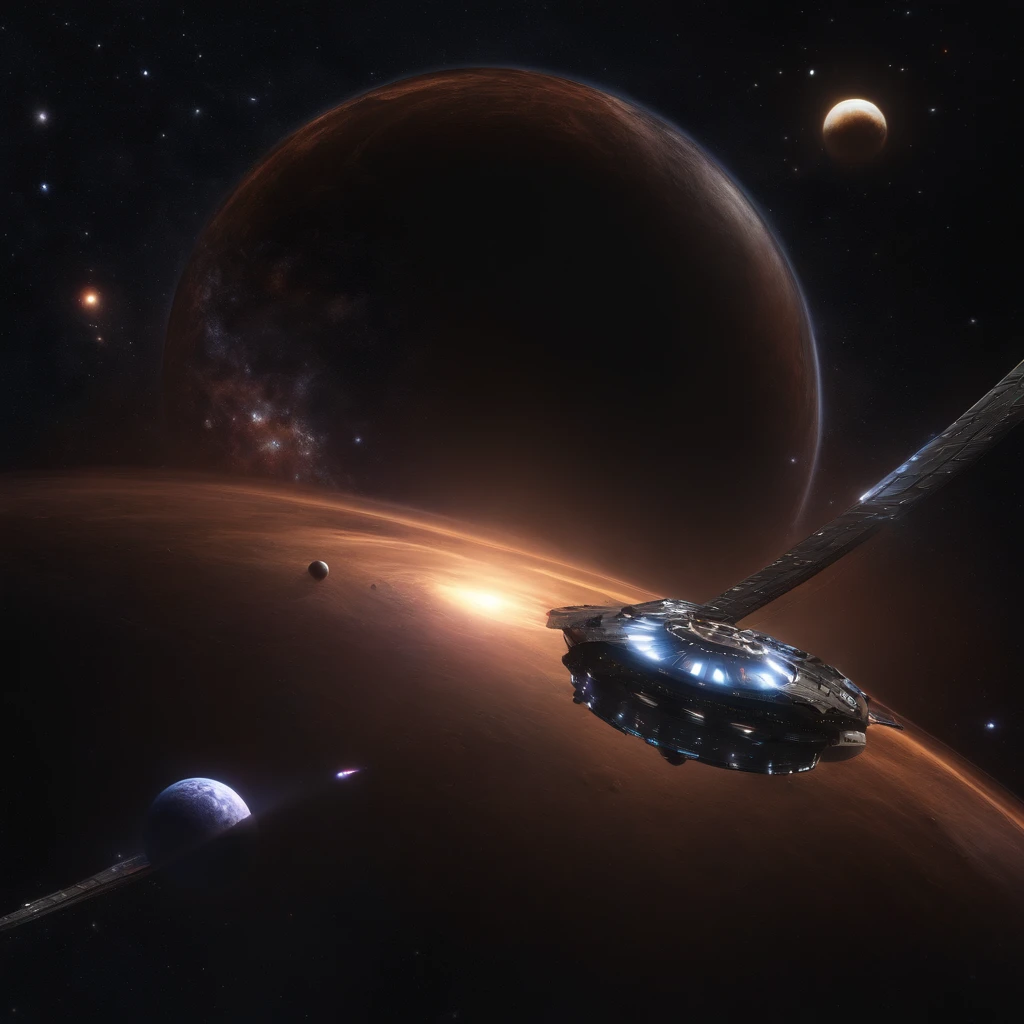 There are many spaceships in the universe flying out of black holes，in a panoramic view，（plethora of colors，Best quality，high detal，tmasterpiece，cinmatic lighting，4K，Chiaroscuro）