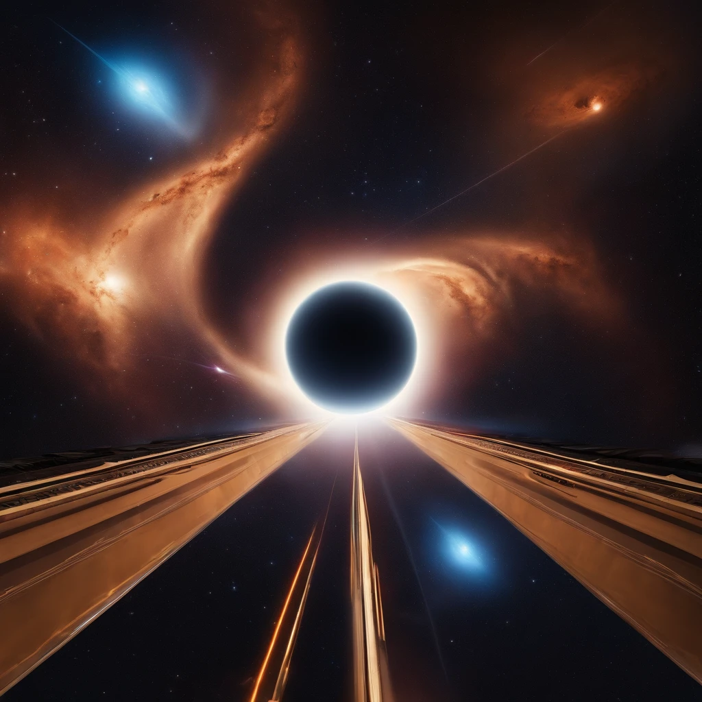 There are many spaceships in the universe flying out of black holes,in a panoramic view,(plethora of colors,Best quality,high detal,tmasterpiece,cinmatic lighting,4K,Chiaroscuro)