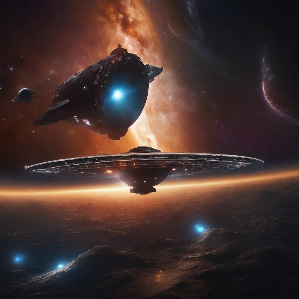 There are many spaceships in the universe flying out of black holes,in a panoramic view,(plethora of colors,Best quality,high detal,tmasterpiece,cinmatic lighting,4K,Chiaroscuro)