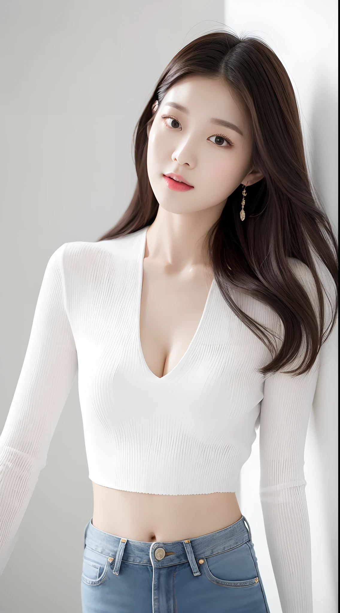 Woman in white top and jeans posing for photo, Gorgeous young Korean woman, beautiful Korean women, Beautiful young Korean woman, Korean Girl, Beautiful Asian Girl, Korean Woman, Asian Girl, attractive girl, Good young girl, Beautiful Asian Woman, jaeyeon nam, Photo of slim girl, Smooth white tight clothes suit, Choi Hong Hwa